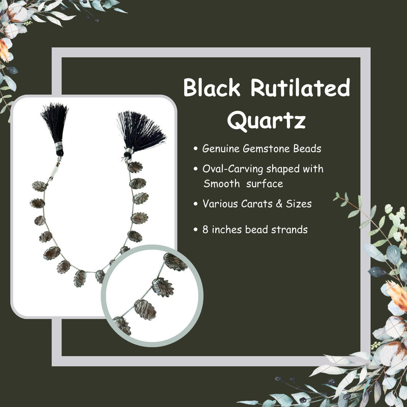 Black Rutilated Quartz Oval-Carving Bead Strand