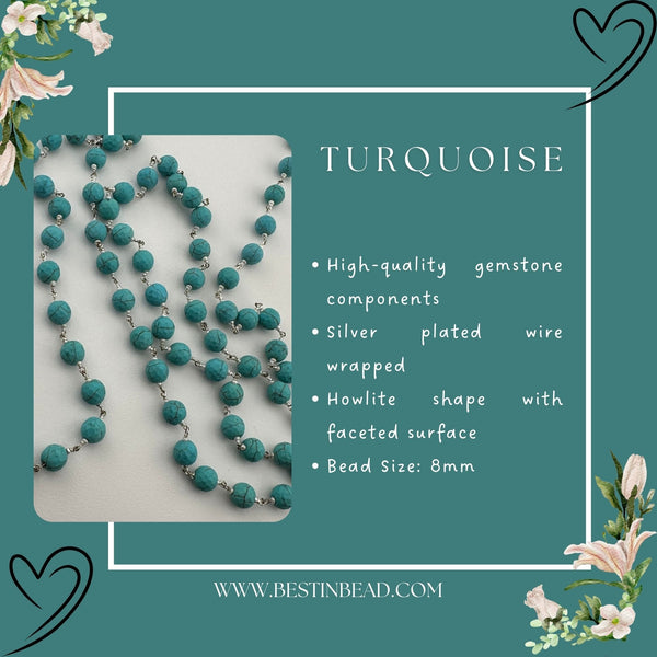 Turquoise Howlite 8mm Beaded Rosary Chain - Silver Plated