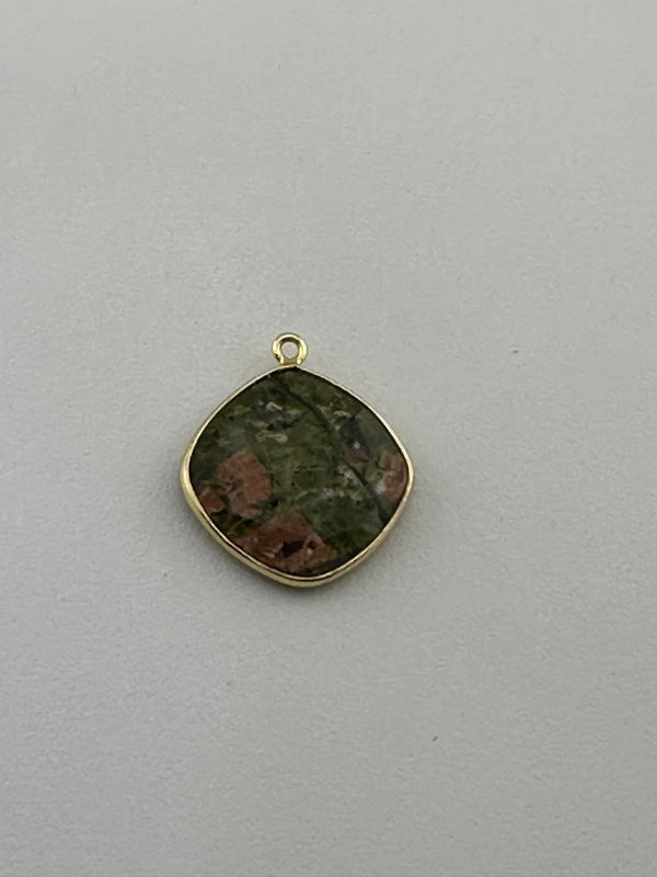 Unakite Jasper Cushion/Diamond Pendant - Boho Chic Gemstone Necklace with 24kt Gold Elegance