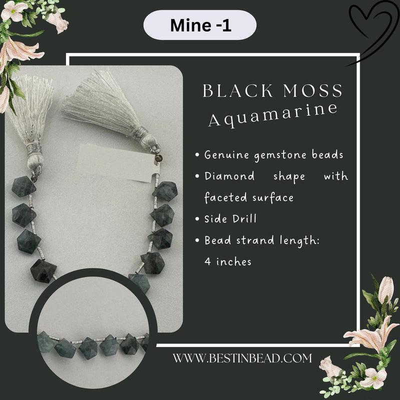 Black Moss Aquamarine Natural Diamond Bead Strand