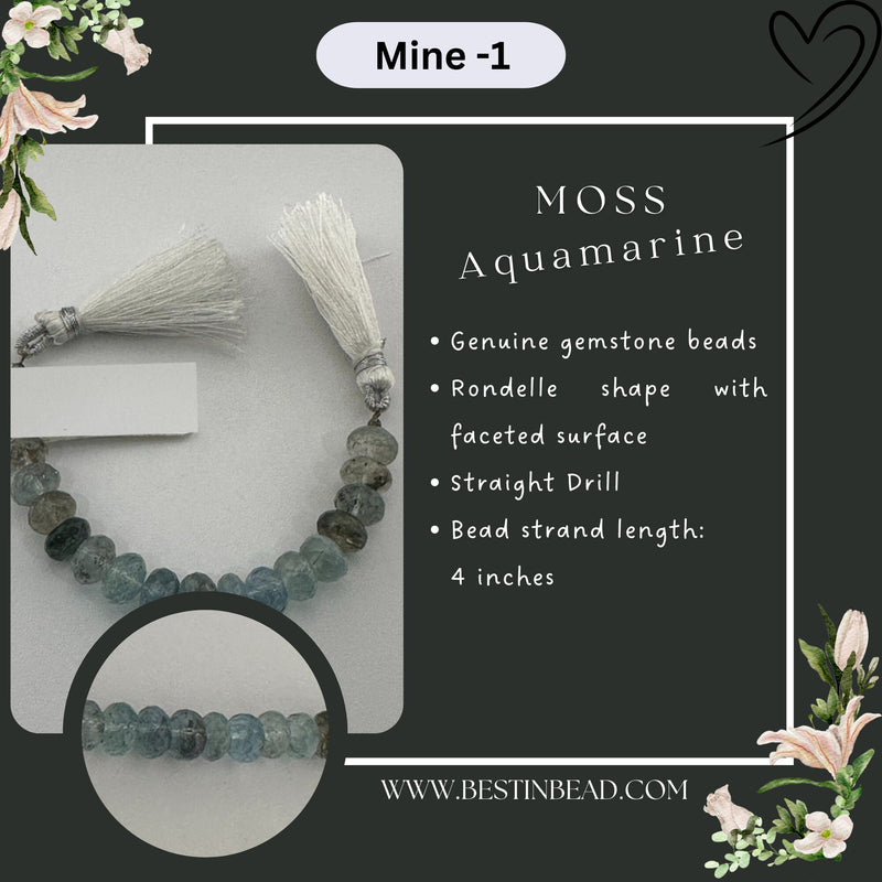 Moss Aquamarine Natural Rondelle Bead Strand