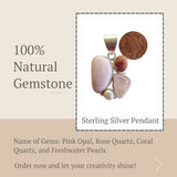 Pink opal, rose quartz, coral quartz, and freshwater pearl sterling silver pendant.