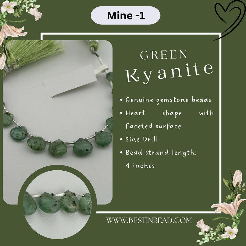 Green Kyanite Natural Heart Bead Strand