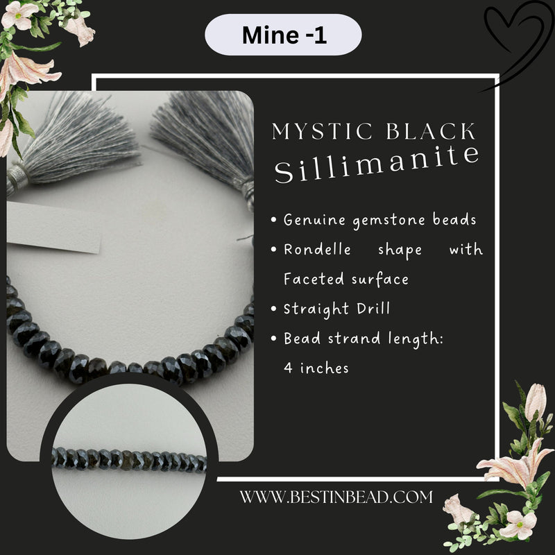 Mystic Black Sillimanite Rondelle Bead Strand
