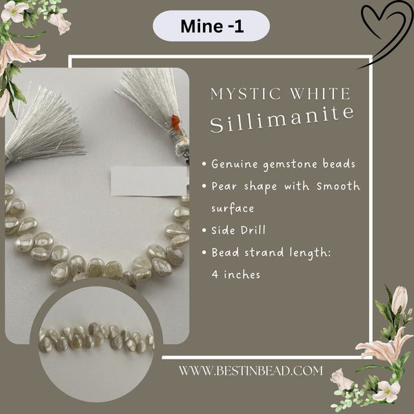 Mystic White Sillimanite Pear Bead Strand