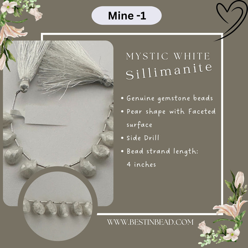 Mystic White Sillimanite Pear Bead Strand