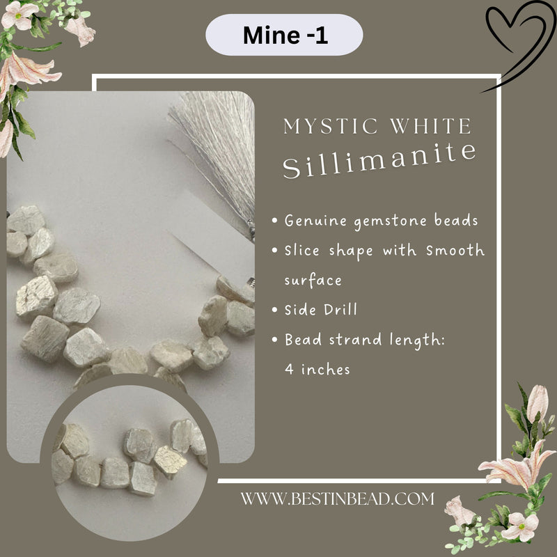 Mystic White Sillimanite Smooth Slice Beads | Natural Gemstone | 44 Carats | 4 Inch Strand | Birthstone | Jewelry Making | DIY Crafts