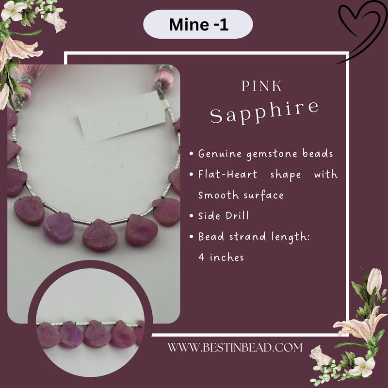 Pink Sapphire Natural Flat Heart Head Bead Strand