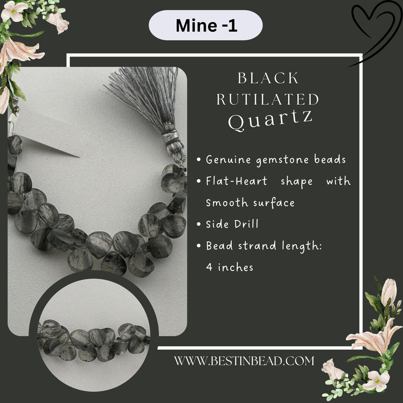 Black Rutile/Termilated Quartz Flat Heart Bead Strand