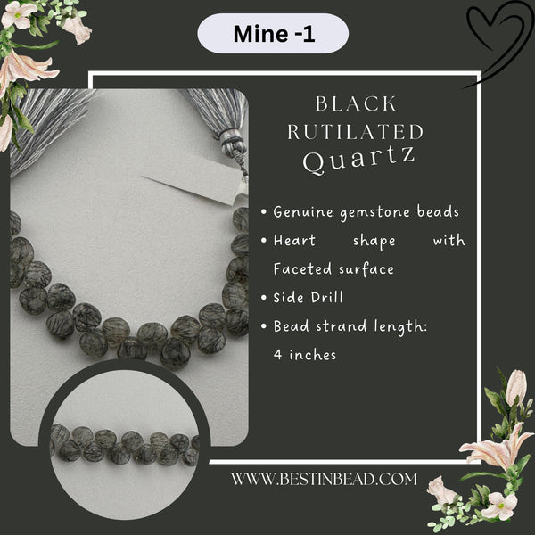 Black Rutile/Termilated Quartz Heart Bead Strand