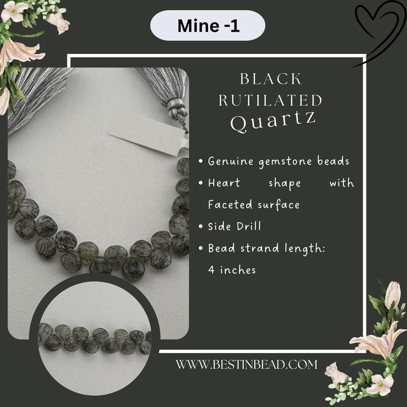 Black Rutile/Termilated Quartz Heart Bead Strand