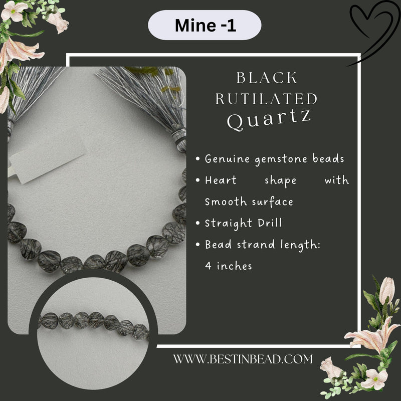Black Rutile/Termilated Quartz Heart Bead Strand