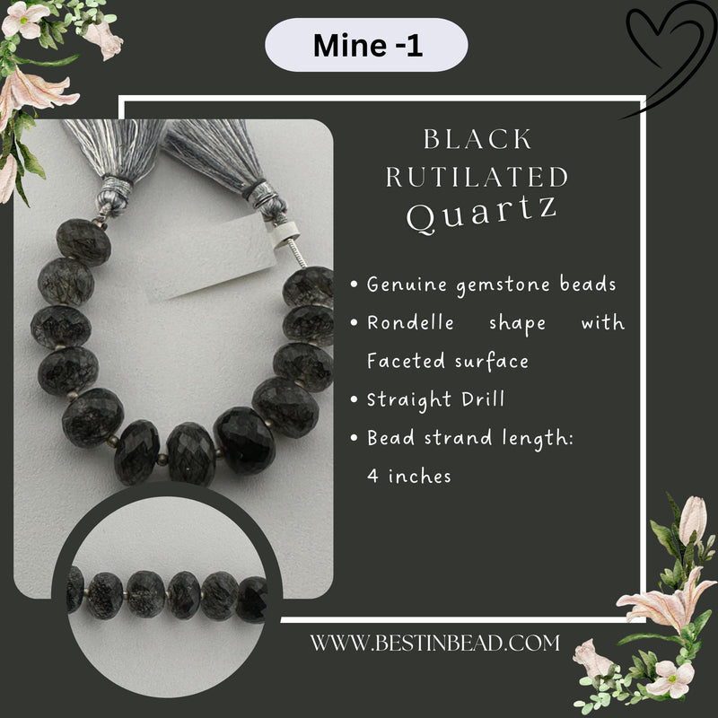 Black Rutile/Termilated Quartz Rondelle Bead Strand
