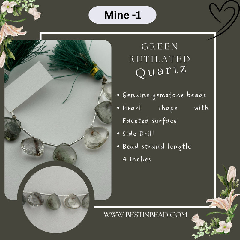 Green Rutilated Quartz Heart Bead Strand
