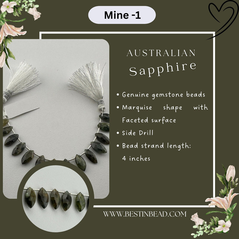 Australian Sapphire Faceted Marquise 4 inch Bead Strand 5.5X9.5-4.5X11mm & 31 Cts Natural Semi Precious Gemstone Birthstone Chakra Crafts