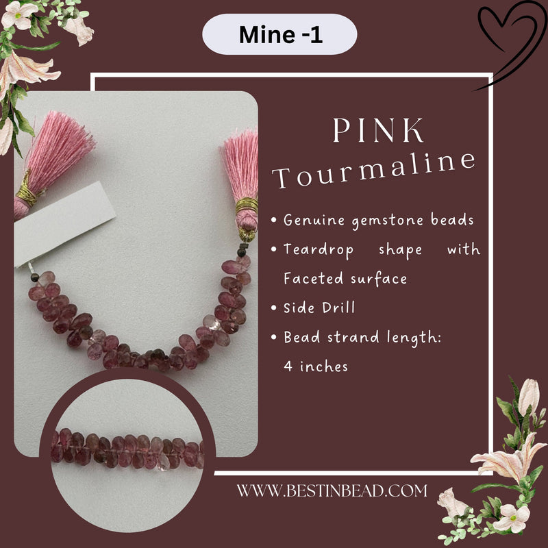 Pink Tourmaline Teardrop Bead Strand