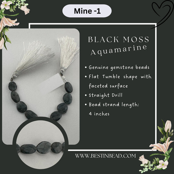 Black Moss Aquamarine Natural Flat Tumble Bead Strand