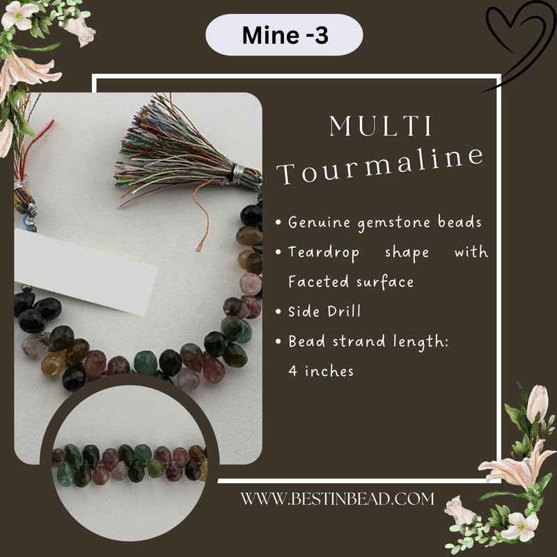 Multi Tourmaline Faceted Teardrop 4 inch Bead Strand 44 Cts Natural Semi Precious Gemstone Birthstone Women Jewelry Making