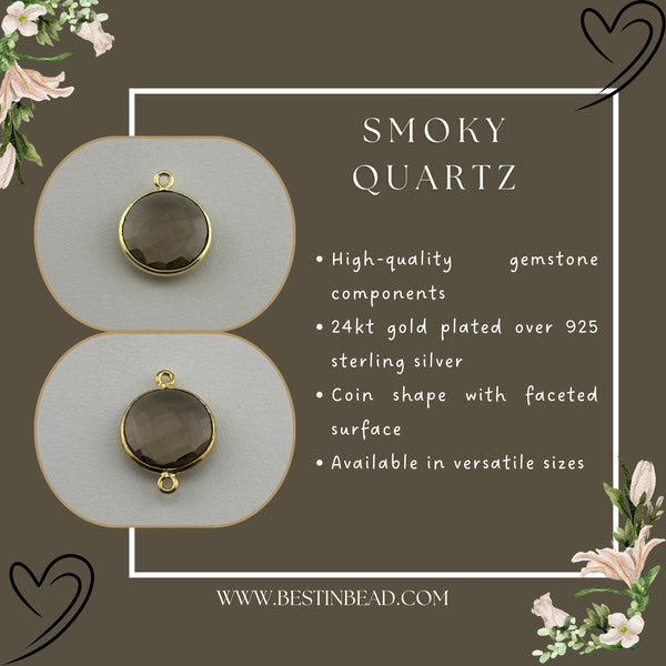 Smoky Quartz Coin/Round Pendant - Boho Chic Gemstone Necklace with 24kt Gold Elegance