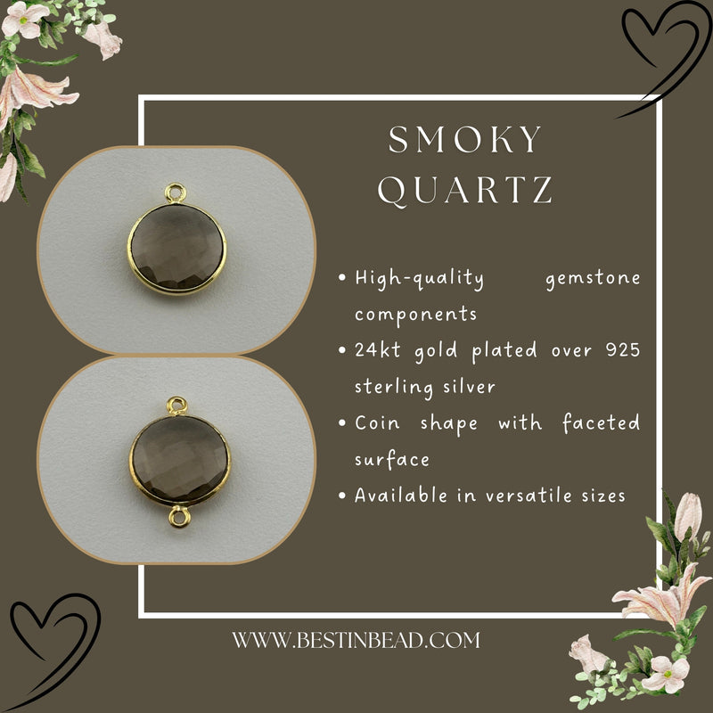 Smoky Quartz Coin/Round Pendant - Boho Chic Gemstone Necklace with 24kt Gold Elegance
