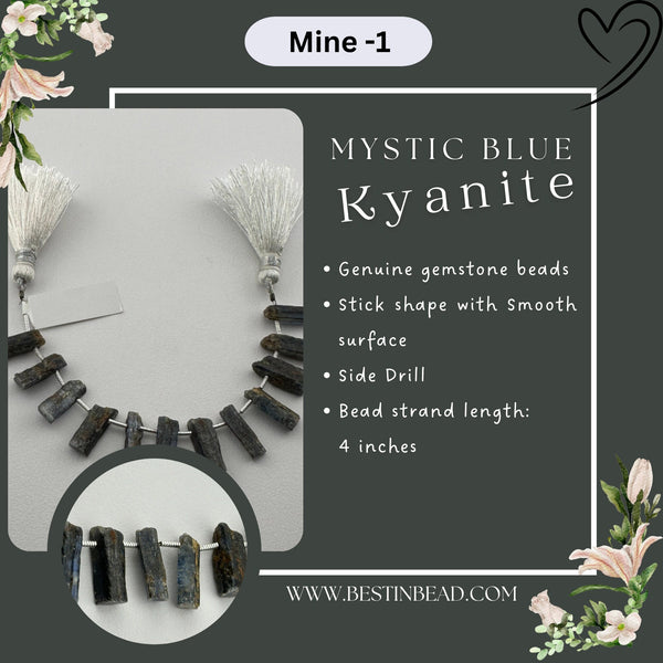 Mystic Blue Kyanite Smooth Stick 4 inch Bead Strand 8X15-10.5X19.5mm & 43 Cts Natural Semi Precious Gemstone Birthstone Chakra Crafts DIY