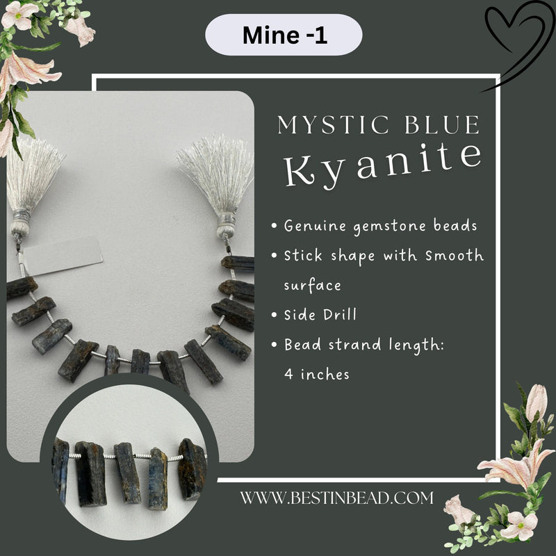 Mystic Blue Kyanite Smooth Stick 4 inch Bead Strand 8X15-10.5X19.5mm & 43 Cts Natural Semi Precious Gemstone Birthstone Chakra Crafts DIY