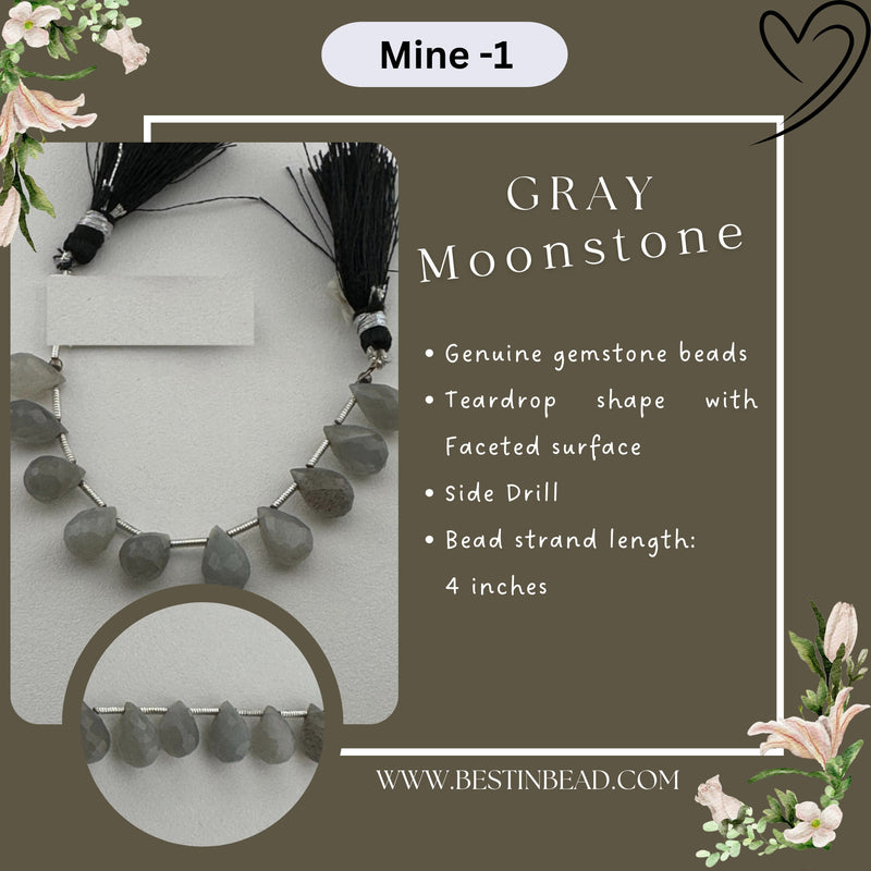 Gray Moonstone Natural Teardrop Bead Strand