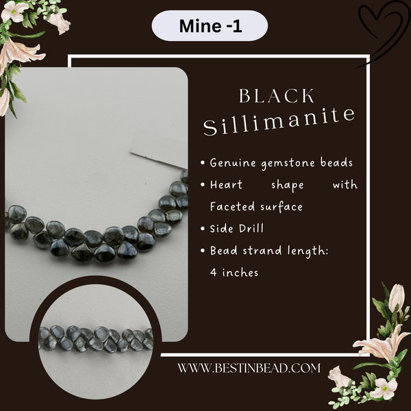 Black Sillimanite Heart Bead Strand