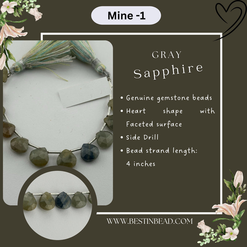 Gray Sapphire Natural Heart Bead Strand