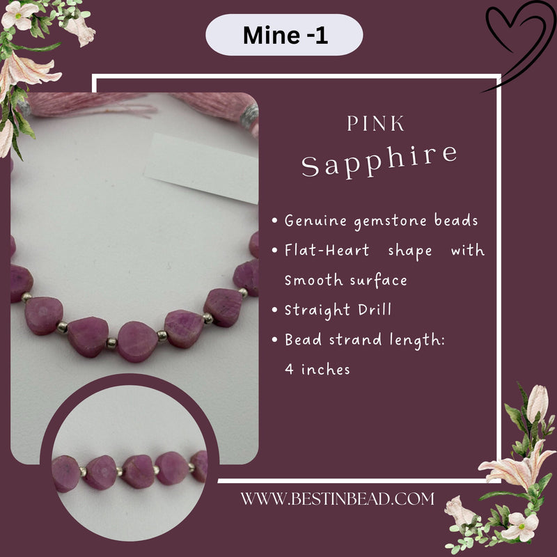 Pink Sapphire Natural Flat Heart Bead Strand