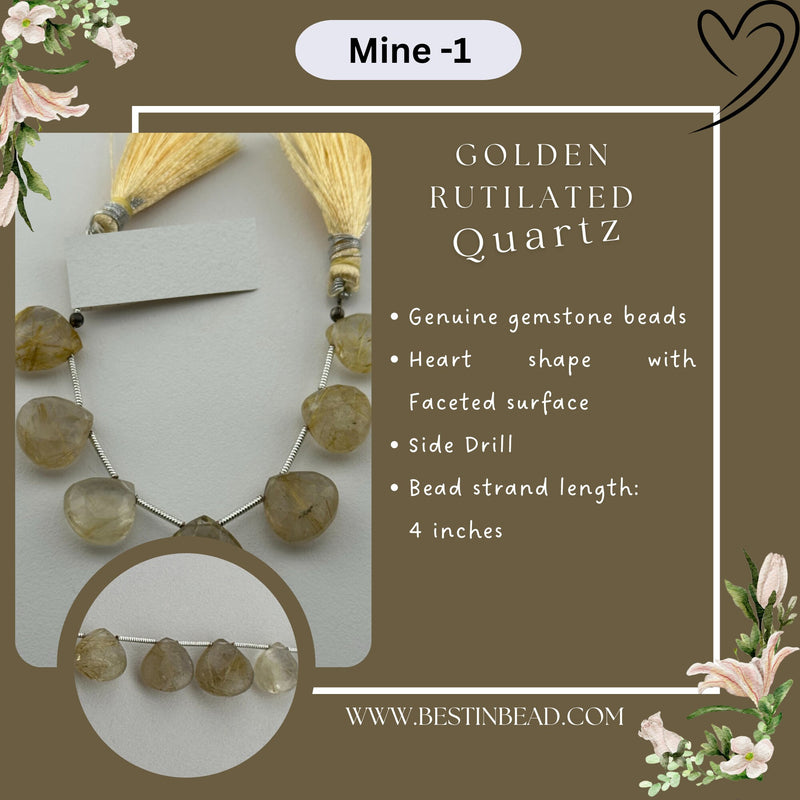 Golden Rutilated Quartz Heart Bead Strand