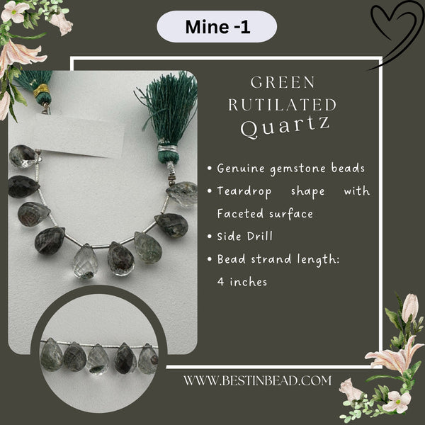 Green Rutilated Quartz Teardrop Bead Strand