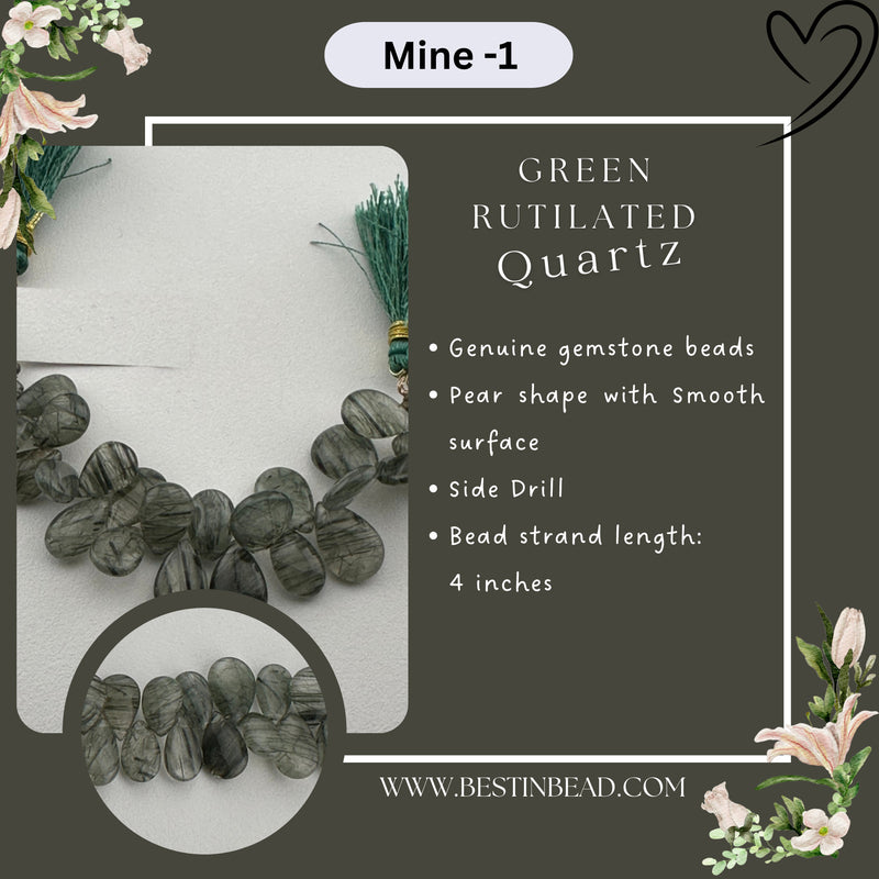 Green Rutilated Quartz Pear Bead Strand