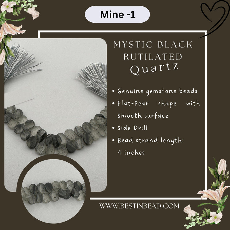 Black Rutile/Termilated Quartz Flat Pear Bead Strand
