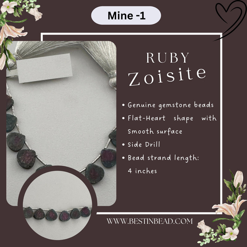 Ruby Zoisite Flat Heart Bead Strand