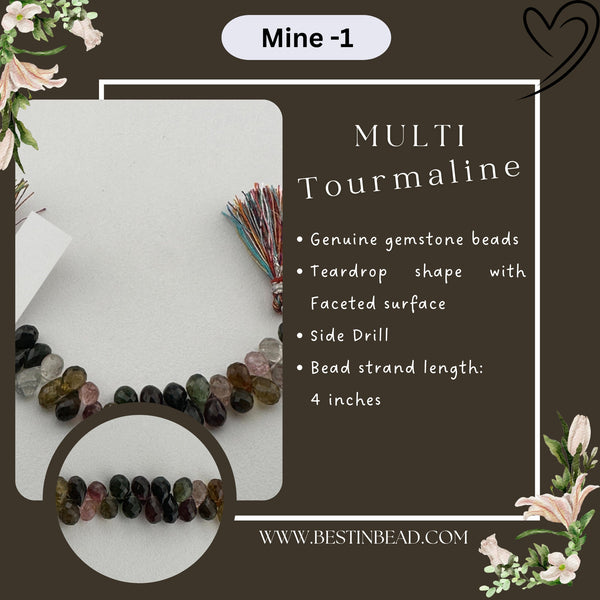 Multi Tourmaline Faceted Teardrop 4 inch Bead Strand 5X6.5-6.5X10mm & 39 Cts Natural Semi Precious Gemstone Birthstone Women Jewelry Making