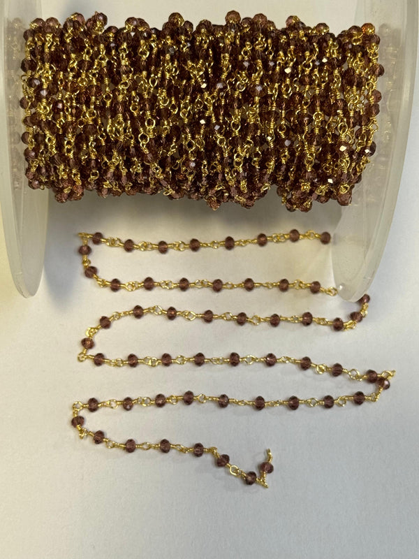 Rhodolite Garnet Rosary Chain, 24K Gold Plated, 3mm Beaded