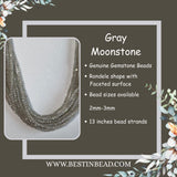 Gray Moonstone Rondelle Gemstone Beads - Natural Semi Precious Bead Strand - Sizes 2mm Jewelry Making Supplies