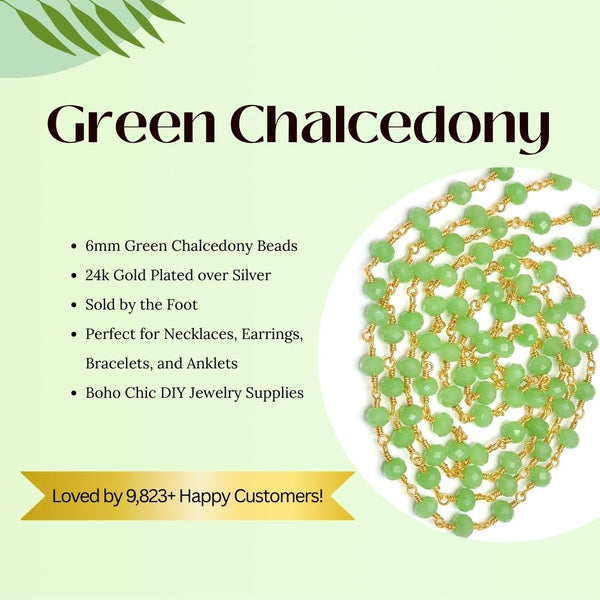 Green Chalcedony Beaded Chain, 6mm, 24k Gold Plated Silver, Boho Jewelry Supplies for DIY Necklace Earrings Bracelet Anklet