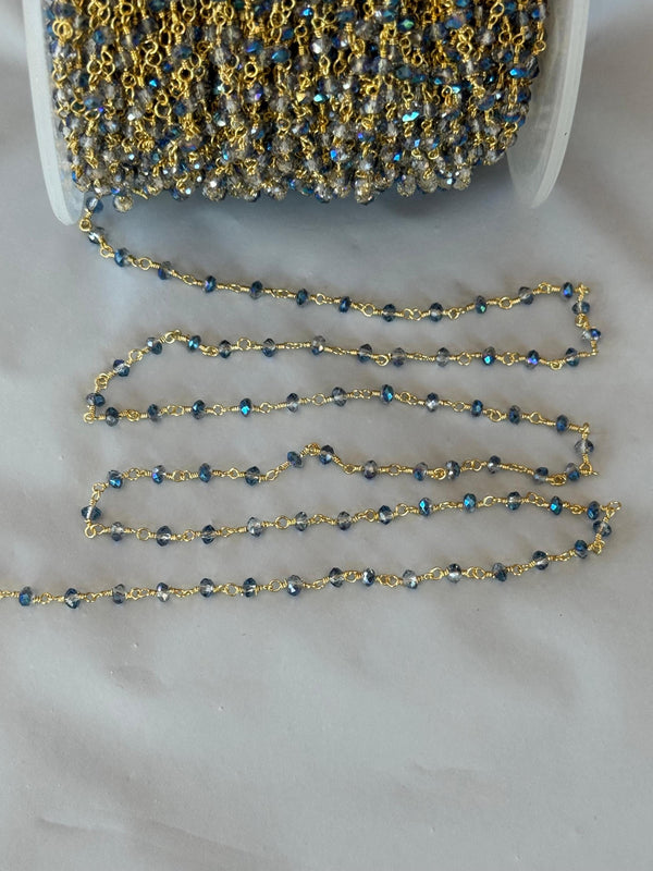 London Blue Topaz Rosary Chain, 24K Gold Plated, 3-4mm Beaded
