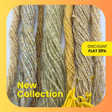 Vibrant assortment of yellow faceted gemstone beads on 13-inch strands, including Citrine, Topaz, and Yellow Sapphire.
