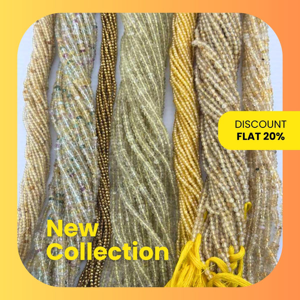 Vibrant assortment of yellow faceted gemstone beads on 13-inch strands, including Citrine, Topaz, and Yellow Sapphire.
