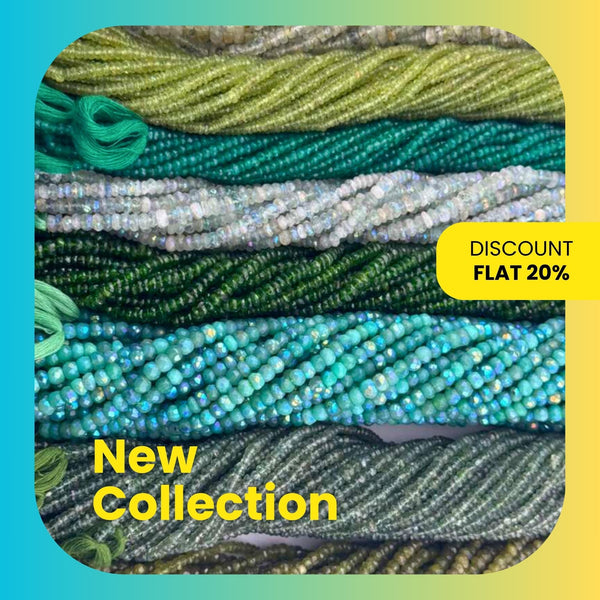 Group shot of several 13-inch strands of green faceted gemstone beads, showcasing the variety of stones like tourmaline and apatite.
