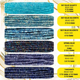 Several strands of various blue gemstone beads neatly arranged in a tray, showing availability for bulk purchase or diverse projects.