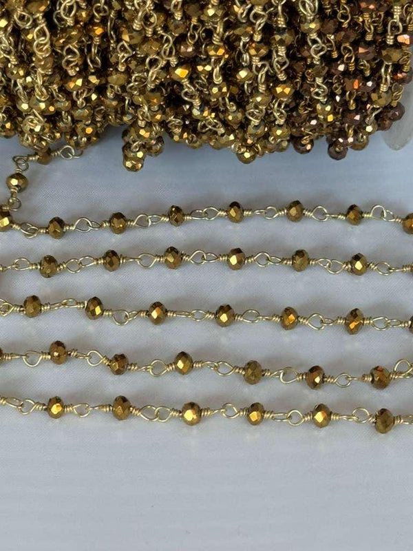 Gold Coated Pyrite Rosary Chain, 24K Gold Plated, 3mm Beaded