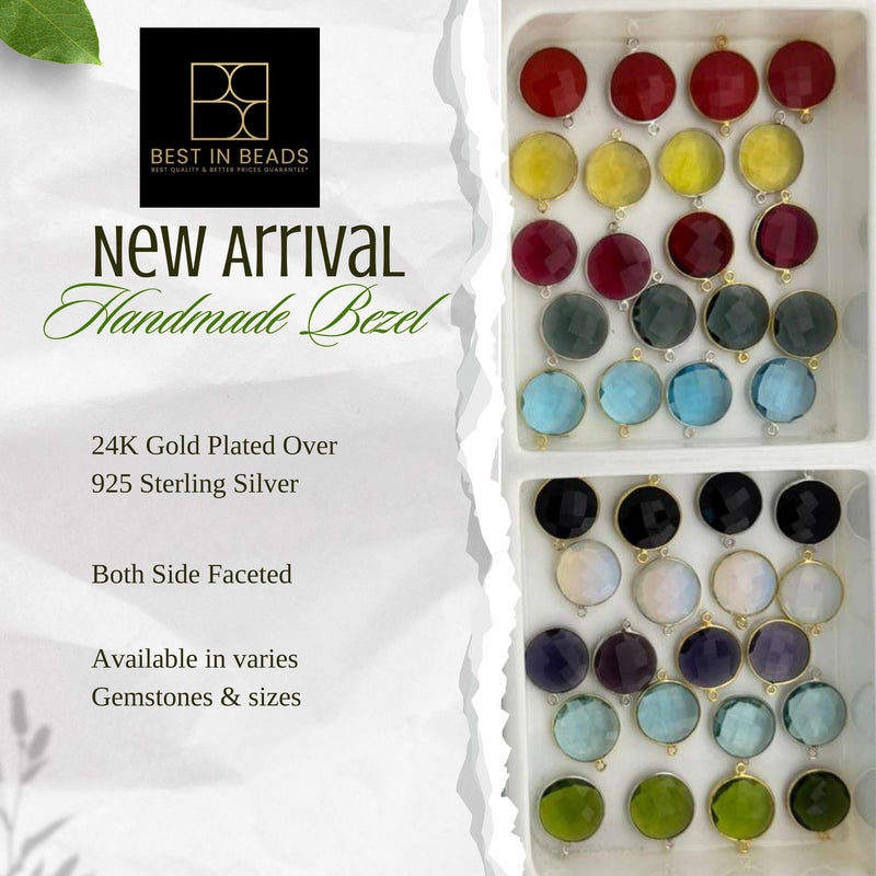 Group photo of handmade bezel coin connectors. Shows various Hydro Quartz gemstone colors like Ruby Red, Lemon Yellow, London Blue, Black Onyx, and White Opal. Available in 11mm, 15mm, and 18mm sizes in gold and silver.