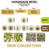 Collection of silver bezel oval gemstone connectors in various sizes and stones like Peridot and Smoky Quartz.