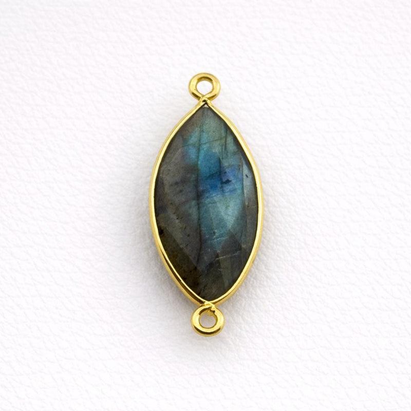Labradorite Marquise Bezel Connector 24K Gold Plated Double Loop, Natural Blue Flash Eye Shape, 925 Silver, Jewelry Making Supply