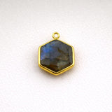Labradorite Hexagon Bezel Charm 24K Gold Plated Single Loop, Faceted Blue Flash Hex Stone, 925 Sterling Silver, Modern Jewelry Supply