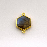 Labradorite Hexagon Bezel Connector 24K Gold Plated Double Loop, Natural Blue Flash Honeycomb, 925 Silver, Geometric Jewelry Supply